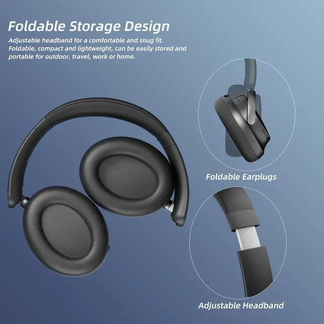 Alt view image 7 of 7 - Over-Ear Hybrid Active Noise Cancelling Headphones, Bluetooth 5.4, 160H ANC Playtime, Transparency Mode, Deep Bass, Multipoint, IPX4, HD Call Mic, Foldable Portable, Travel Gym Work - Black