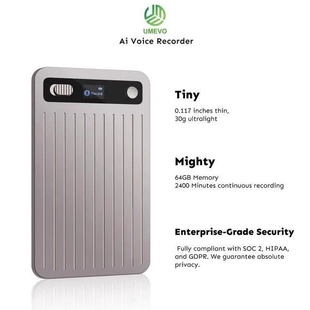 Alt view image 3 of 7 - UMEVO Note Plus AI Voice Recorder: Unlimited Transcribe & Summarize, AI Note Taking Device 64GB with Case, App Control, 140 Languages for Calls, Lectures, Meetings, Interviews (Rose Gold)