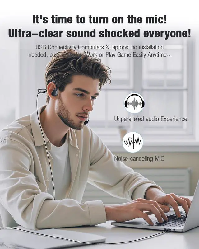 Alt view image 5 of 7 - USB Headset with Mic for PC-Laptop,Open Ear Headphones Design for Long Wear, Computer Headset with Call Noise Reduction Premium Stereo Sound for Call Center, MS Teams, Skype, Webinars and More (Black)