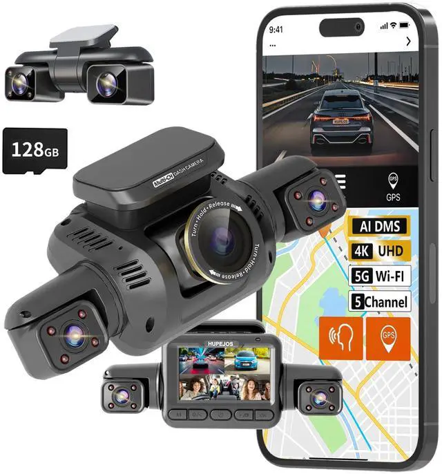 Main image of 360° View Dash Cam Front and Rear, 5 Channel Dashcam 4k Car Camera | Free 128G Card, AI Driver Monitor System DMS, Built-in GPS 5GHz WiFi, Night Vision, Voice Control, WDR, 24/7 Parking Monitor