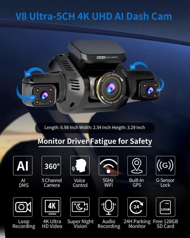 Alt view image 3 of 7 - 360° View Dash Cam Front and Rear, 5 Channel Dashcam 4k Car Camera | Free 128G Card, AI Driver Monitor System DMS, Built-in GPS 5GHz WiFi, Night Vision, Voice Control, WDR, 24/7 Parking Monitor