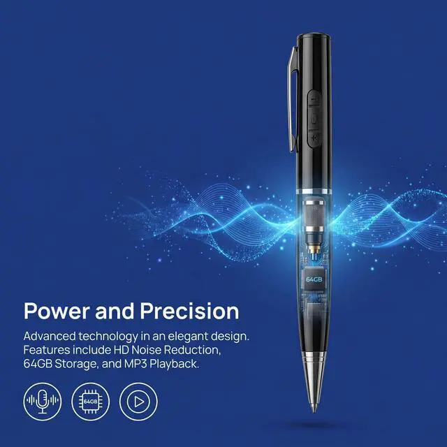 Alt view image 4 of 7 - 64GB Voice Recorder Pen, One-Touch Recording & MP3 Player, HD Noise Reduction, Playback While Writing, Ideal for Business Meetings, Interviews, Students
