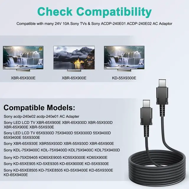 Alt view image 2 of 7 - Sync Data Charging Cable for Sony 55X9400E 65X9400E 65X900E 65X905E 65X930D 75X900E 75X900E 65X930E XBR-65X900E XBR-55X930E Smart LED TV Power Cord Fit AC Adaptor ACDP-240E01 ACDP-240E02