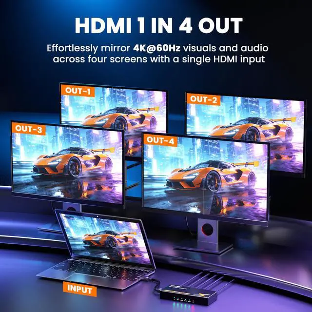 Alt view image 2 of 7 - Uncompressed 4K HDMI Splitter 1 in 4 Out with EDID Management | Lossless 4K@60Hz UHD HDR HDMI 2.0 18Gbps, Zero Latency, HDCP 2.3, Plug and Play, for PS5, Fire Stick, HDTV