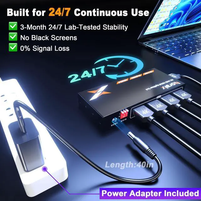 Alt view image 4 of 7 - Uncompressed 4K HDMI Splitter 1 in 4 Out with EDID Management | Lossless 4K@60Hz UHD HDR HDMI 2.0 18Gbps, Zero Latency, HDCP 2.3, Plug and Play, for PS5, Fire Stick, HDTV