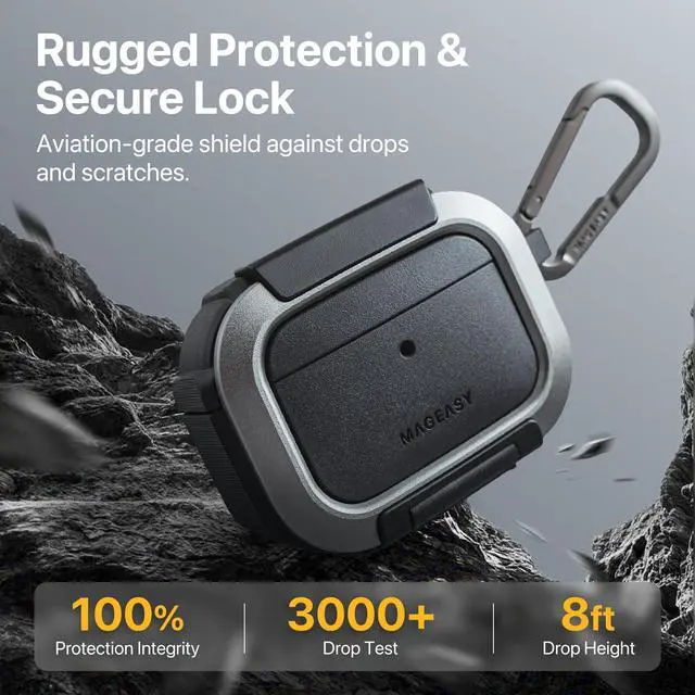 Alt view image 3 of 7 - Axiz AirPods Pro 3 Case Cover with Lock & Phone Stand, Keychain Carabiner + Wristlet Strap, Aviation-Grade Aluminum Locking Mechanism, Rugged Shockproof Shell MagSafe (Metal Blue Grey)