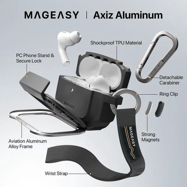 Alt view image 6 of 7 - Axiz AirPods Pro 3 Case Cover with Lock & Phone Stand, Keychain Carabiner + Wristlet Strap, Aviation-Grade Aluminum Locking Mechanism, Rugged Shockproof Shell MagSafe (Metal Blue Grey)