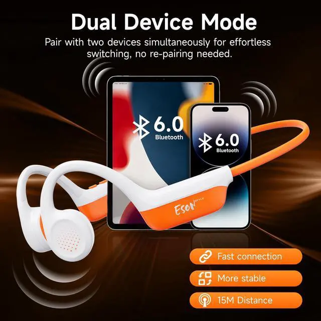 Alt view image 5 of 7 - Bone Conduction Headphones Bluetooth 6.0 - IPX7 Waterproof | Bone Conduction Earphones with Mic, 10H Play Time, Wireless Open Ear Earbuds for Running Walking Cycling (Orange)