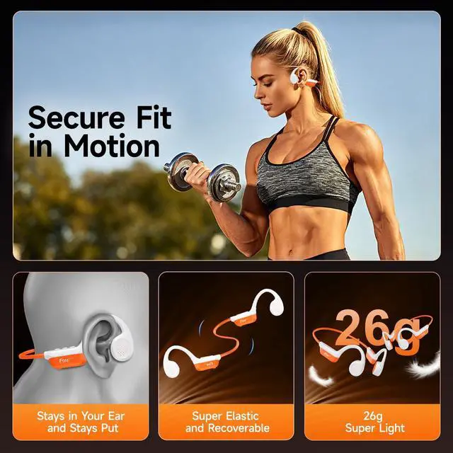 Alt view image 7 of 7 - Bone Conduction Headphones Bluetooth 6.0 - IPX7 Waterproof | Bone Conduction Earphones with Mic, 10H Play Time, Wireless Open Ear Earbuds for Running Walking Cycling (Orange)