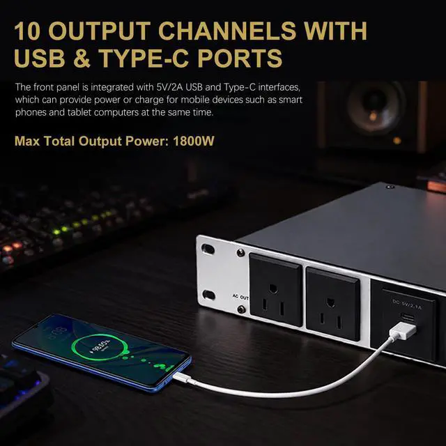 Alt view image 5 of 7 - Professional 1U Rack Mount PDU Power Strip 10 Outlets with Type-c and USB charg, 100-240V/15A Surge Protector Power Supply for for Network Server Racks, Audio Equipment, 6ft Power Cord