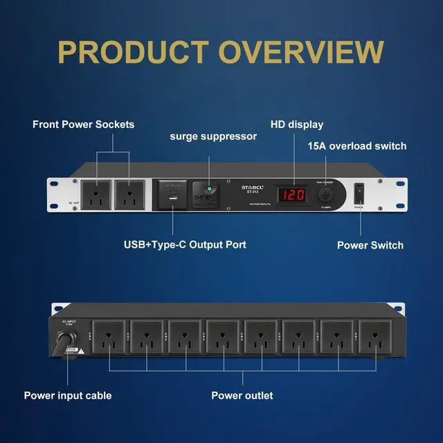 Alt view image 6 of 7 - Professional 1U Rack Mount PDU Power Strip 10 Outlets with Type-c and USB charg, 100-240V/15A Surge Protector Power Supply for for Network Server Racks, Audio Equipment, 6ft Power Cord