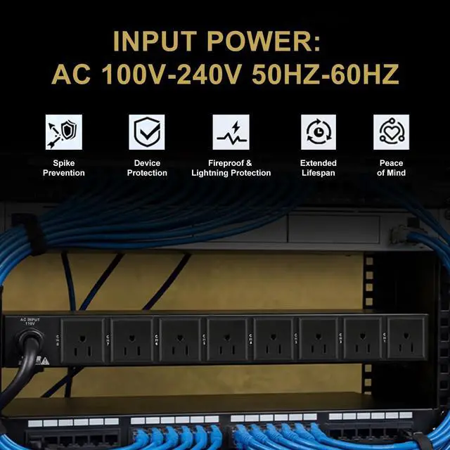 Alt view image 7 of 7 - Professional 1U Rack Mount PDU Power Strip 10 Outlets with Type-c and USB charg, 100-240V/15A Surge Protector Power Supply for for Network Server Racks, Audio Equipment, 6ft Power Cord