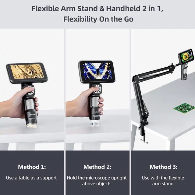 Alt view image 2 of 7 - AD115 Handheld Digital Microscope with 5" Screen Flexible Arm | Portable Coin Microscope for Error Coins with Light, Flexible Boom Arm Stand for Soldering, Windows Mac Compatible