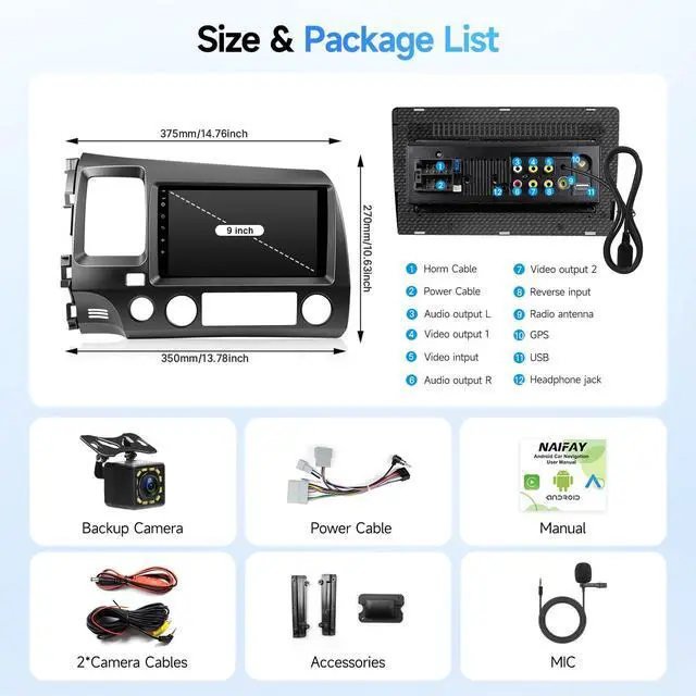 Alt view image 7 of 7 - Double Din Linux Stereo for Honda Civic 2006 2007 2008 2009 2010 2011 | Fast Boot 9inch IPS Screen for Civic Radio with Wireless Carplay,Android Auto,Bluetooth,FM,Mirrorlink,SWC,Camera