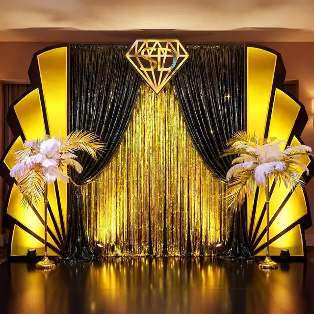 Main image of 7 Pcs Great 1920s Party Decorations Roaring 20s Black Gold Backdrop and Foil Fringe Curtain Vintage Art Wall Decor Set for Awards Night Speakeasy Masquerade Birthday Party Supplies