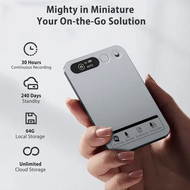 Alt view image 4 of 7 - AI Note Taker Device, Smart Voice Recorder with AI Transcription, 64GB Audio Recorder for Meetings, Lectures & Phone Calls, Speech to Text Recorder, App Controlled