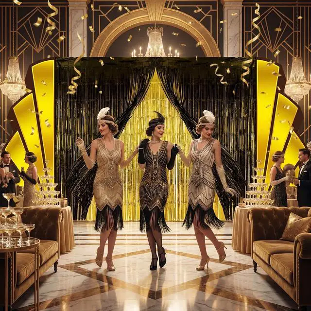 Alt view image 3 of 6 - 7 Pcs Great 1920s Party Decorations Roaring 20s Black Gold Backdrop and Foil Fringe Curtain Vintage Art Wall Decor Set for Awards Night Speakeasy Masquerade Birthday Party Supplies