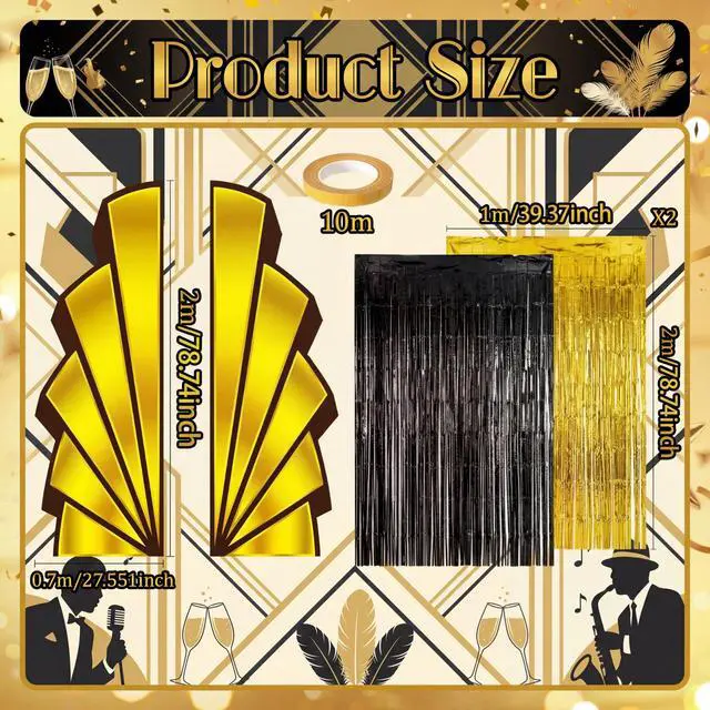 Alt view image 2 of 6 - 7 Pcs Great 1920s Party Decorations Roaring 20s Black Gold Backdrop and Foil Fringe Curtain Vintage Art Wall Decor Set for Awards Night Speakeasy Masquerade Birthday Party Supplies