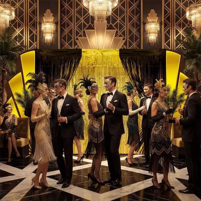 Alt view image 4 of 6 - 7 Pcs Great 1920s Party Decorations Roaring 20s Black Gold Backdrop and Foil Fringe Curtain Vintage Art Wall Decor Set for Awards Night Speakeasy Masquerade Birthday Party Supplies