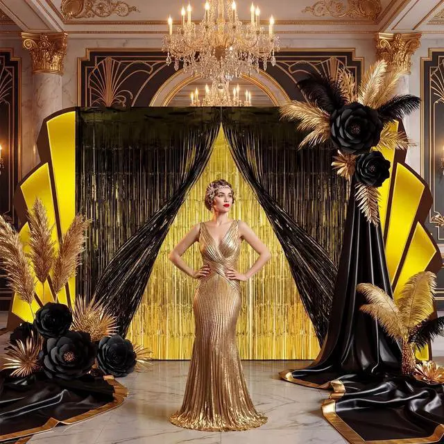Alt view image 5 of 6 - 7 Pcs Great 1920s Party Decorations Roaring 20s Black Gold Backdrop and Foil Fringe Curtain Vintage Art Wall Decor Set for Awards Night Speakeasy Masquerade Birthday Party Supplies