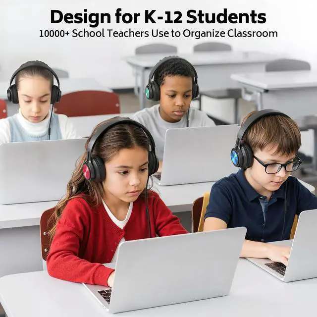 Alt view image 2 of 7 - School Headphones for Kids 12-Pack for K-12 Classroom Library Study | HD Microphone, Adjustable, Lightweight, Foldable, Stickers, Durable 3.5mm for Online Learning/Computer/Chromebook-Colorful