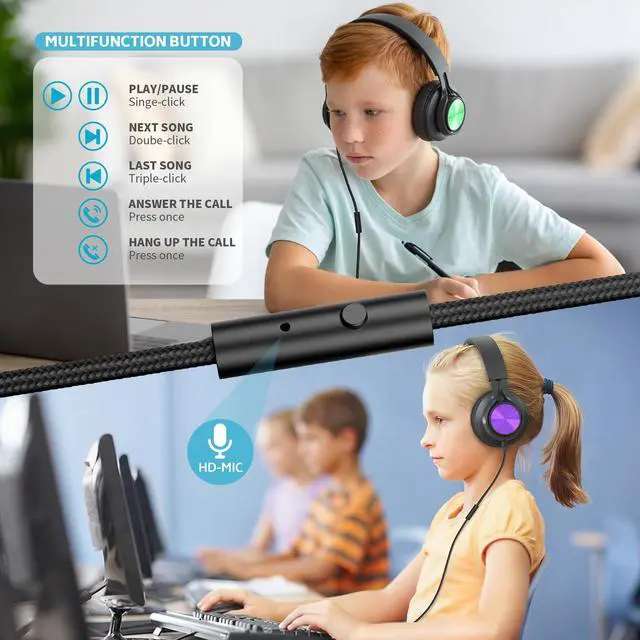 Alt view image 3 of 7 - School Headphones for Kids 12-Pack for K-12 Classroom Library Study | HD Microphone, Adjustable, Lightweight, Foldable, Stickers, Durable 3.5mm for Online Learning/Computer/Chromebook-Colorful