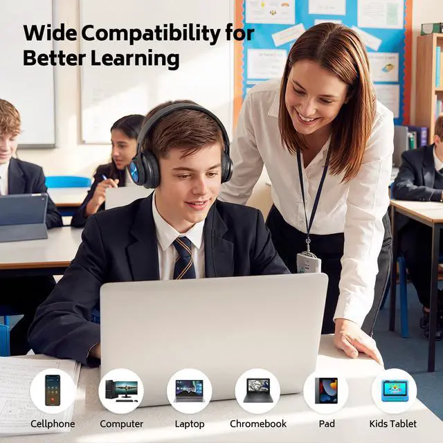 Alt view image 5 of 7 - School Headphones for Kids 12-Pack for K-12 Classroom Library Study | HD Microphone, Adjustable, Lightweight, Foldable, Stickers, Durable 3.5mm for Online Learning/Computer/Chromebook-Colorful