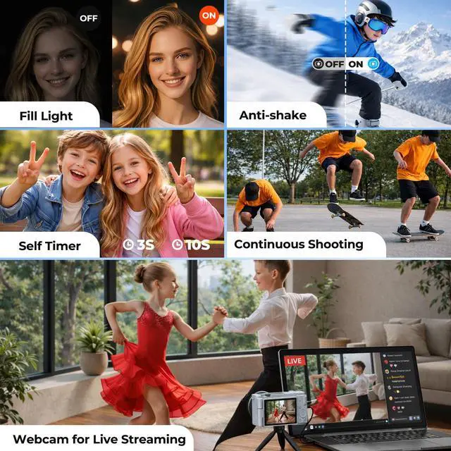 Alt view image 6 of 7 - 5K 72MP Digital Camera for Photography with 6X Optical Zoom, Upgraded Autofocus Vlogging Camera for YouTube with Flip Screen, 64GB Card, Anti-Shake, 2 Batteries, Compact Point and Shoot Digital Camera