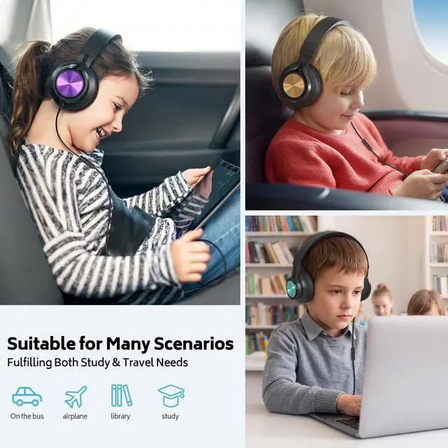 Alt view image 7 of 7 - School Headphones for Kids 12-Pack for K-12 Classroom Library Study | HD Microphone, Adjustable, Lightweight, Foldable, Stickers, Durable 3.5mm for Online Learning/Computer/Chromebook-Colorful