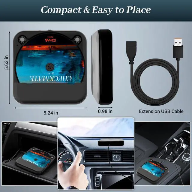 Alt view image 7 of 7 - Portable USB CD Player for Car, Portable Car CD Player with USB-C Adapter & Extension Cable, External CDs Players for Cars Stereo Type-C Port, AUX Port, Vehicle, Truck, Laptop, TV - Black