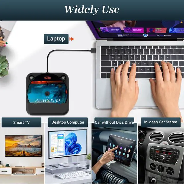 Alt view image 6 of 7 - Portable USB CD Player for Car, Portable Car CD Player with USB-C Adapter & Extension Cable, External CDs Players for Cars Stereo Type-C Port, AUX Port, Vehicle, Truck, Laptop, TV - Black