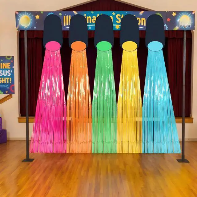 Alt view image 7 of 7 - 5 Pack Vbs 2026 Illumination Decorations Kit Glow in The Dark 3.3X 3.3 ft Foil Fringe Curtains White Tape for Religious Party Supplies Colorful Photo Booth Prop Backdrop Wall Decor