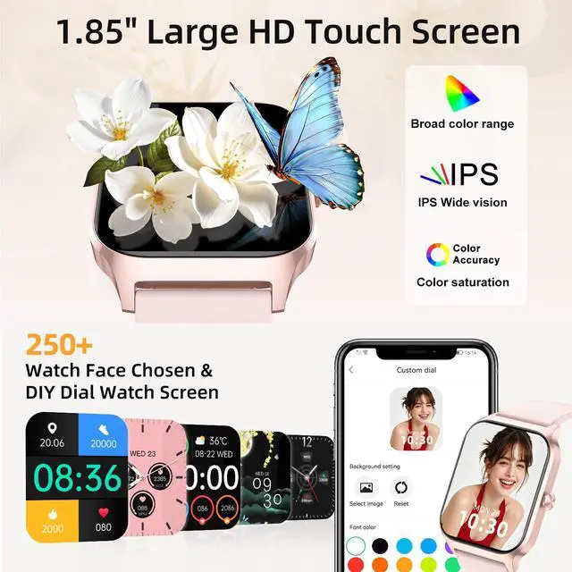Alt view image 6 of 7 - Smart Watch for Women Fitness Tracker: 1.85" Smartwatch for Android Phones iPhone Compatible Samsung Bluetooth Call Answer/Make Womens Watches Activity Heart Rate/Sleep/SpO2 Monitor IP68 Waterproof