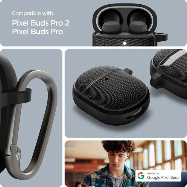 Alt view image 2 of 7 - Classic Fit Designed for Pixel Buds Pro 2 & 1 (2024/2022) | Premium Fabric, Classic Design, Carabiner Included, Wireless Charging Compatible - Black