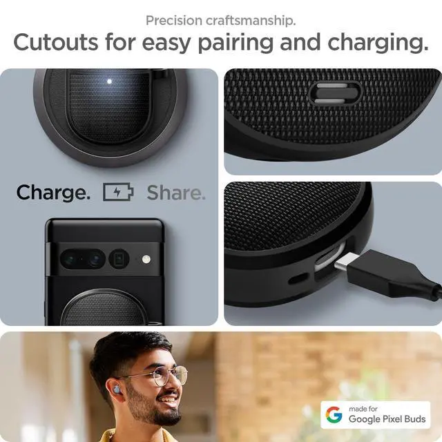 Alt view image 7 of 7 - Classic Fit Designed for Pixel Buds Pro 2 & 1 (2024/2022) | Premium Fabric, Classic Design, Carabiner Included, Wireless Charging Compatible - Black