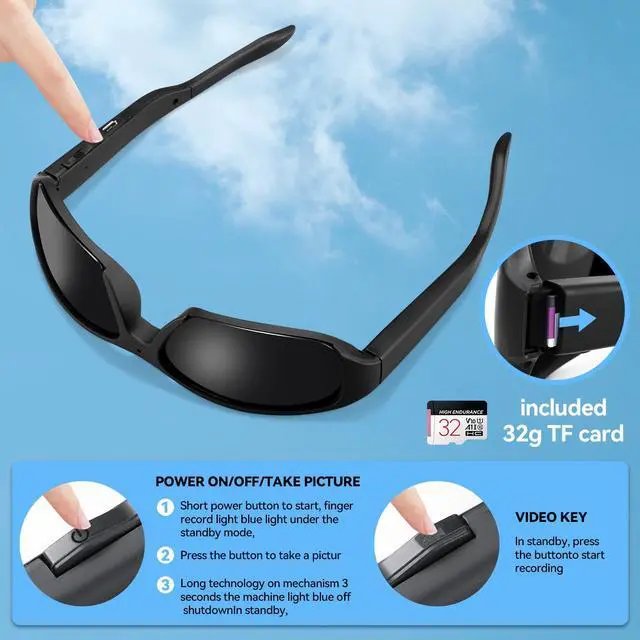 Alt view image 4 of 7 - Smart Video 1080p Camera Glasses for Men - Outdoor HD UV Protective Polarized Lenses Recording Sunglasses for Cycling Sports, Traveling, Driving (Include 32G Memory Card)