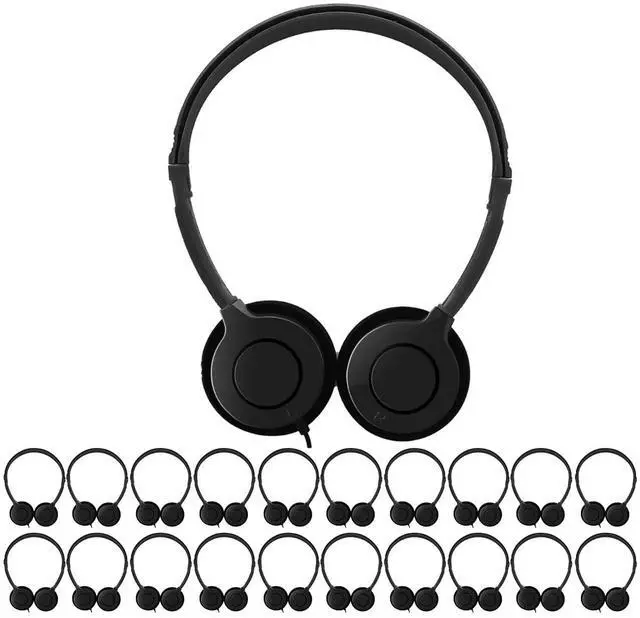 Main image of 20 Pack Headphones for Kids Students School Classroom | Adjustable, 3.5mm Jack, Black, Bulk Earphones, For Library Children Adults