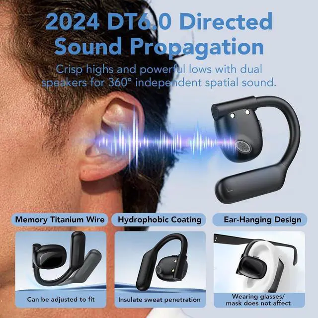 Alt view image 5 of 6 - Open Ear Bluetooth 5.3 Earbuds,Wireless Headphones Sport Over Earphones Built-in 4 Mic with Ear Hooks 75H Playtime,Bluetooth Ear Buds with LED Digital Display,IPX5 Waterproof for Running Fitness/Black
