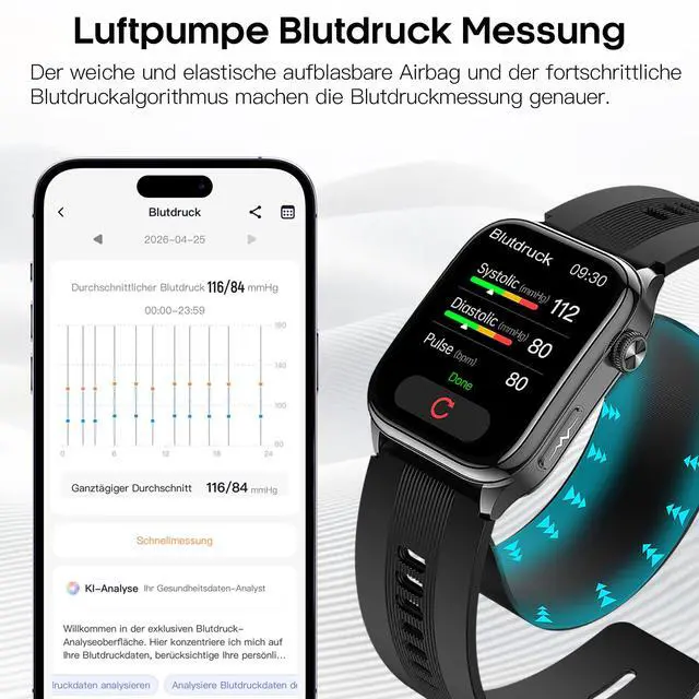 Alt view image 3 of 7 - Smart Watches for Men Women with Airbag Cuff, Health Watch with 24/7 Blood Pressure/Heart Rate/Blood Oxygen/Sleep Monitor, SOS, 2.06" AMOLED Display Fitness Tracker Watch for Android iPhone