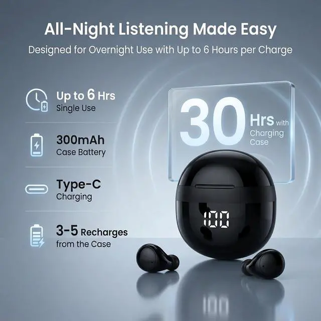Alt view image 4 of 7 - Invisible Sleep Earbuds, Ultra Small Bluetooth 5.3 Wireless Earphones for Side Sleepers, Mini Earbuds with LED Power Display, Deep Bass Stereo Sound, Touch Control, 24H Playtime Charging Case (Black)