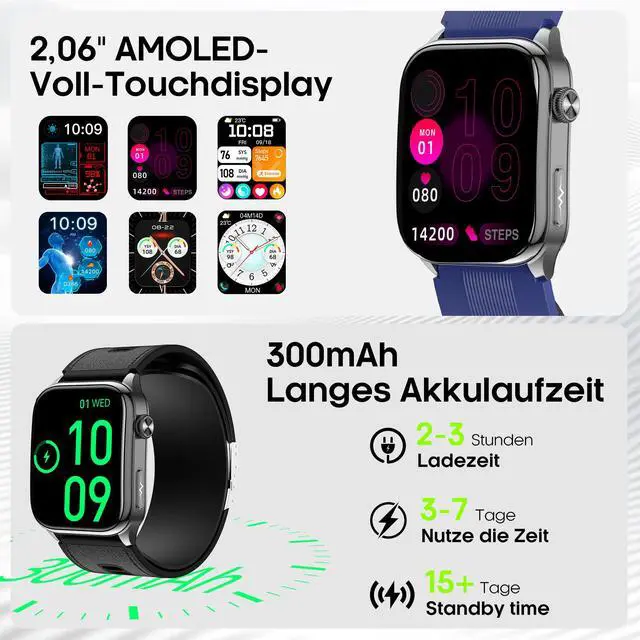 Alt view image 6 of 7 - Smart Watches for Men Women with Airbag Cuff, Health Watch with 24/7 Blood Pressure/Heart Rate/Blood Oxygen/Sleep Monitor, SOS, 2.06" AMOLED Display Fitness Tracker Watch for Android iPhone