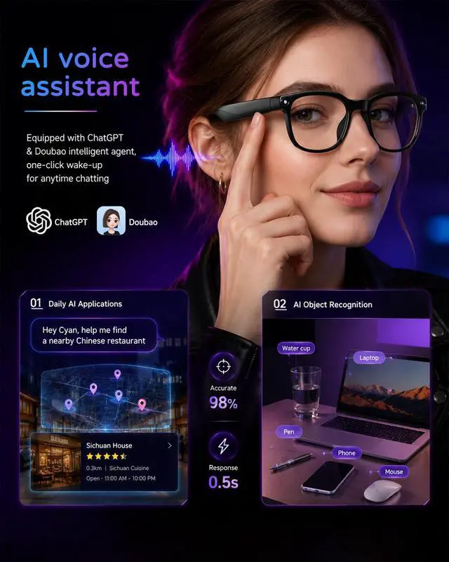 Alt view image 4 of 7 - AI Smart Glasses with Camera, 8MP 4K HD Video & Photo Capture, Real-Time Translation, Recording Glasses with AI Assistant, Open-Ear Audio, Object Recognition, for Vlog, Outdoor & Hiking(Clear lens)