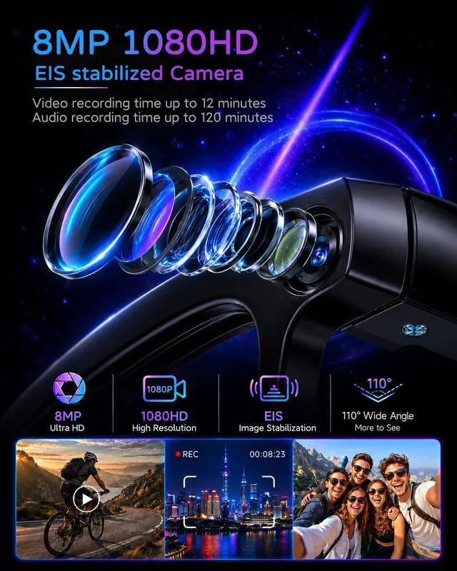 Alt view image 3 of 7 - AI Smart Glasses with Camera, 8MP 4K HD Video & Photo Capture, Real-Time Translation, Recording Glasses with AI Assistant, Open-Ear Audio, Object Recognition, for Vlog, Outdoor & Hiking(Clear lens)