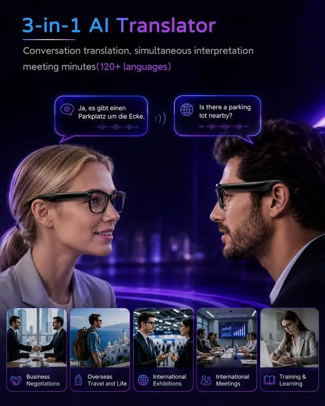 Alt view image 5 of 7 - AI Smart Glasses with Camera, 8MP 4K HD Video & Photo Capture, Real-Time Translation, Recording Glasses with AI Assistant, Open-Ear Audio, Object Recognition, for Vlog, Outdoor & Hiking(Clear lens)