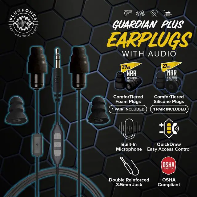 Alt view image 2 of 7 - Guardian Plus in-Ear Earplug Earbud Hybrid - Noise Reduction in-Ear Headphones with Noise Isolating Mic and Controls (Black)