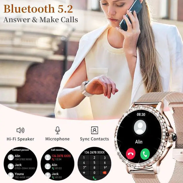 Alt view image 2 of 7 - Smart Watches for Women (Answer/Make Call) with Diamonds, 1.3HD Screen Bluetooth Smartwatch for Android iOS Phones, IP68 Waterproof Fitness Activity Trackers with Heart Rate/SpO2/BP/Sleep Monitor