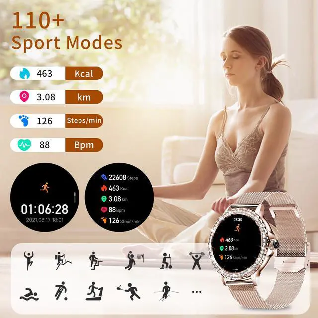 Alt view image 4 of 7 - Smart Watches for Women (Answer/Make Call) with Diamonds, 1.3HD Screen Bluetooth Smartwatch for Android iOS Phones, IP68 Waterproof Fitness Activity Trackers with Heart Rate/SpO2/BP/Sleep Monitor