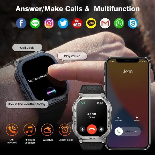 Alt view image 4 of 7 - Smart Watch - Rugged Outdoor Fitness Watch, 170+ Sports Modes, 5 ATM & IP69K, 15 Days Battery, Answer/Make Call, 2" AMOLED Display, Health Monitor, Compatible for iOS & Android