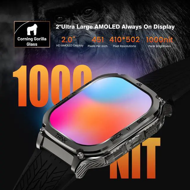 Alt view image 3 of 7 - Smart Watch - Rugged Outdoor Fitness Watch, 170+ Sports Modes, 5 ATM & IP69K, 15 Days Battery, Answer/Make Call, 2" AMOLED Display, Health Monitor, Compatible for iOS & Android