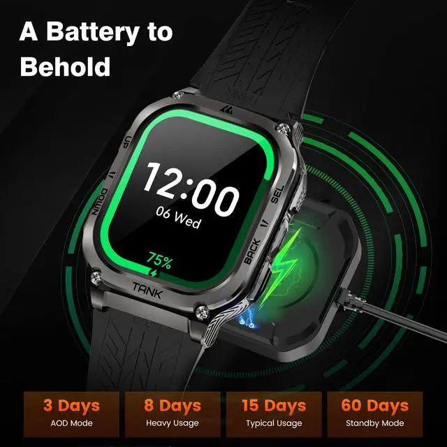 Alt view image 5 of 7 - Smart Watch - Rugged Outdoor Fitness Watch, 170+ Sports Modes, 5 ATM & IP69K, 15 Days Battery, Answer/Make Call, 2" AMOLED Display, Health Monitor, Compatible for iOS & Android